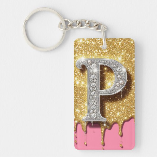 Gouden Monogram Letter P Roze Diamanten Initiaal C Sleutelhanger (Voorkant)