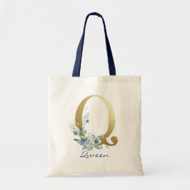Gouden Monogram Letter Q Blauwe Naam Bloemendecor Tote Bag