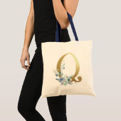 Gouden Monogram Letter Q Blauwe Waterverf Bloemen Tote Bag (Voorkant (product))