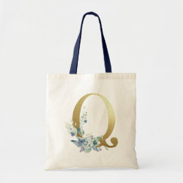 Gouden Monogram Letter Q Blauwe Waterverf Bloemen Tote Bag
