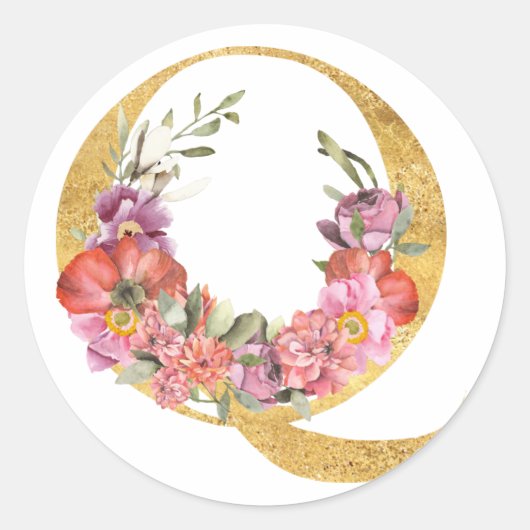 Gouden MONOGRAM letter Q met bloem Ronde Sticker (Voorkant)