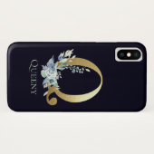 Gouden Monogram Letter Q Navy Blauwe Bloem Naam Case-Mate iPhone Case (Achterkant (horizontaal))