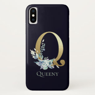 Gouden Monogram Letter Q Navy Blauwe Bloem Naam Case-Mate iPhone Case