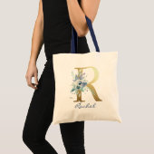 Gouden Monogram Letter R Blauwe Naam Bloemendecor Tote Bag (Voorkant (product))