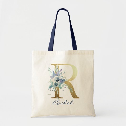 Gouden Monogram Letter R Blauwe Naam Bloemendecor Tote Bag (Voorkant)