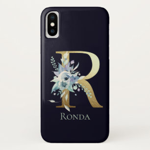 Gouden Monogram Letter R Navy Blauwe Bloem Naam Case-Mate iPhone Case