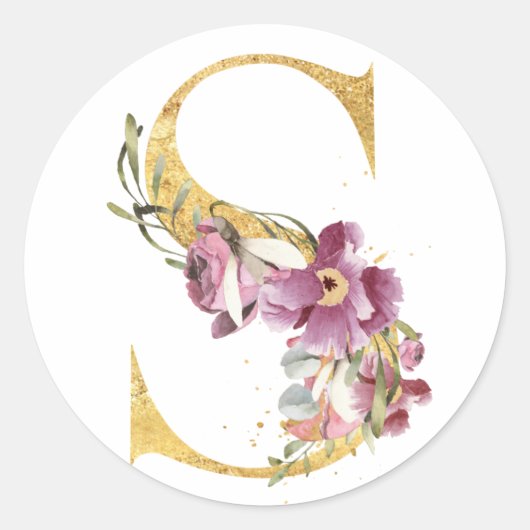 Gouden MONOGRAM letter S met bloem Ronde Sticker (Voorkant)