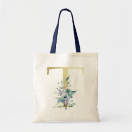 Gouden Monogram Letter T Blauwe Aquarel Bloemen Tote Bag
