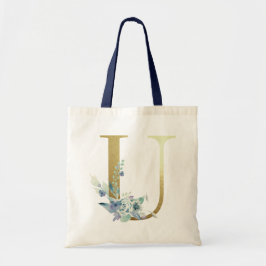 Gouden Monogram Letter U Blauwe Aquarel Bloemen Tote Bag
