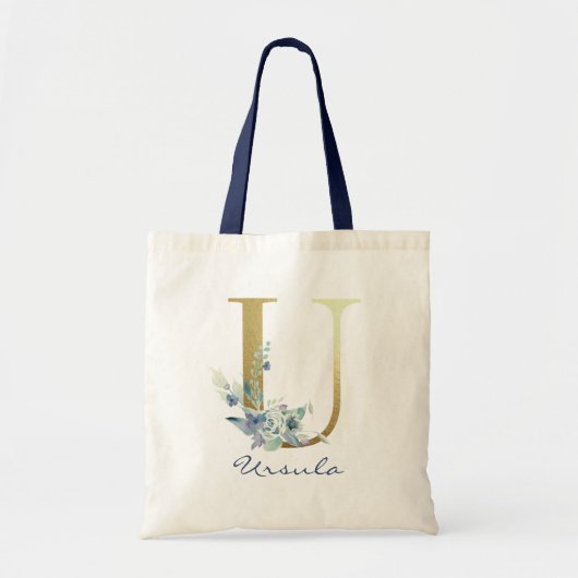 Gouden Monogram Letter U Blauwe Naam Bloemendecora Tote Bag (Voorkant)