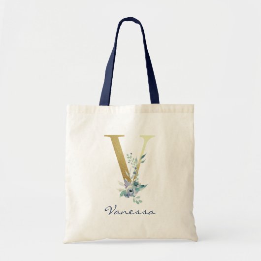 Gouden Monogram Letter V Blauwe Naam Bloemendecor Tote Bag (Voorkant)