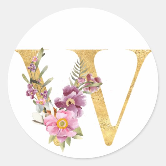 Gouden MONOGRAM letter W met bloem Ronde Sticker (Voorkant)
