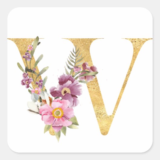Gouden MONOGRAM letter W met bloem Vierkante Sticker (Voorkant)