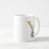 Gouden Monogram Letter Y Blauwe Waterverf Bloemen Koffiemok (Voorkant rechts)