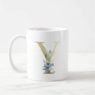 Gouden Monogram Letter Y Blauwe Waterverf Bloemen Koffiemok