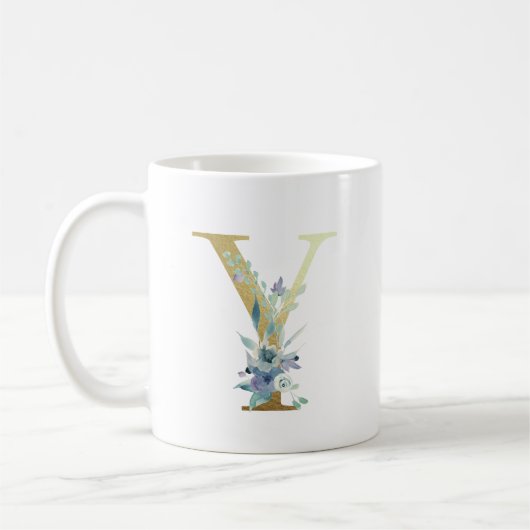 Gouden Monogram Letter Y Blauwe Waterverf Bloemen Koffiemok (Links)