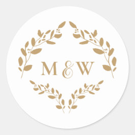 Gouden Monogram Luxe Bladeren Crest Ronde Sticker