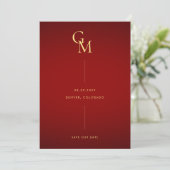 Gouden Monogram Minimalistisch Donkerrood Stijlvol Save The Date (Staand voorkant)