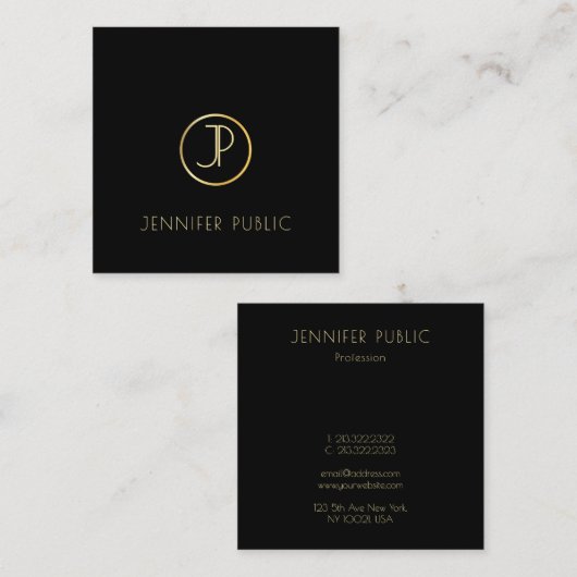 Gouden Monogram Modern Elegant Zwart Sjabloon Chic Vierkante Visitekaartje (Voorkant / Achterkant)