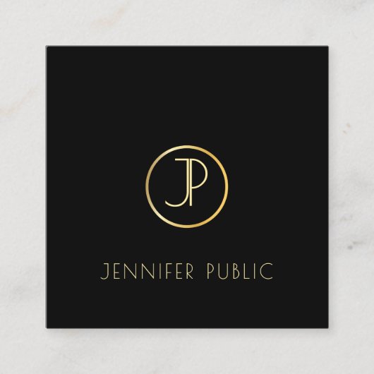 Gouden Monogram Modern Elegant Zwart Sjabloon Chic Vierkante Visitekaartje (Voorkant)