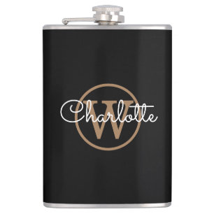 Gouden Monogram Moderne Schrift Zwart Heupfles