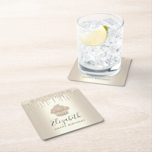 Gouden monogram naam cupcake glitter drips script kartonnen onderzetters (Insitu)