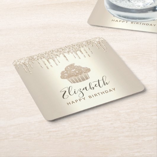 Gouden monogram naam cupcake glitter drips script kartonnen onderzetters (Schuin)