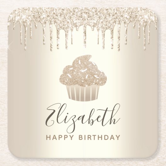 Gouden monogram naam cupcake glittersuiker druppel kartonnen onderzetters (Voorkant)