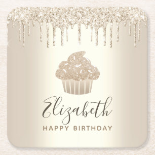 Gouden monogram naam cupcake glittersuikerscript kartonnen onderzetters