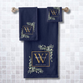 Gouden Monogram Naam Groenery Navyblauw Bad Handdoek