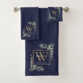 Gouden Monogram Naam Groenery Navyblauw Bad Handdoek (Insitu)