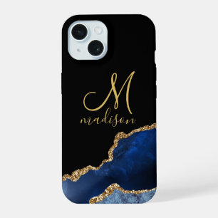 Gouden Monogram Navy Blauwe Gouden Glitters Agate iPhone 15 Case