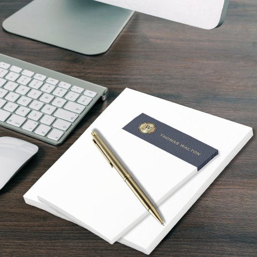 Gouden Monogram Navy Blauwe Leren Uitzicht Elegant Post-it® Notes
