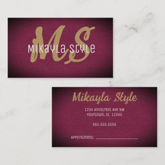 Gouden Monogram op getextureerde Bourgondische ach Visitekaartje (Voorkant / Achterkant)