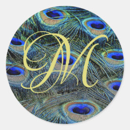 Gouden Monogram Op Pauwveren Ronde Sticker