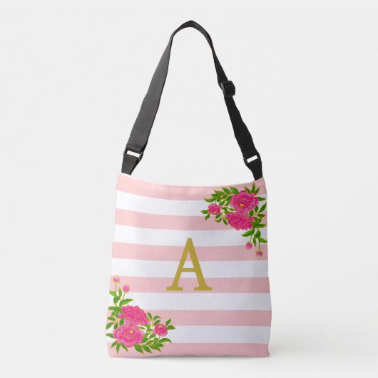 Gouden monogram op roze en wit gestreept crossbody tas (Voorkant)