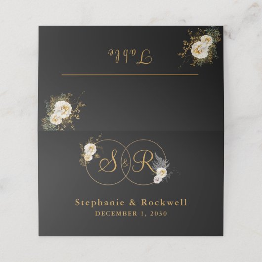 Gouden Monogram Op Zwarte Naam Initiaal Bruiloft Plaatskaartje (Buitenkant ongevouwen)
