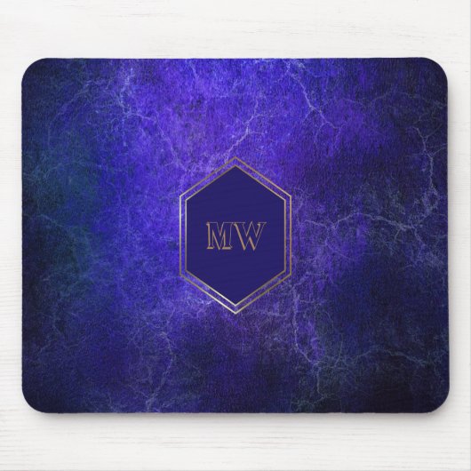 Gouden Monogram Paars Blauw Marmer Muismat (Voorkant)