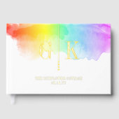 Gouden Monogram Regenboog Waterverf LGBTQ Wedding Gastenboek (Voorkant)