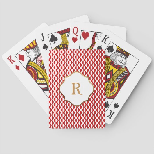 Gouden Monogram, Rode & Witte Retro Golfpatroon Pokerkaarten (Achterkant)