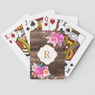 Gouden Monogram Roze Bloemen Landelijk Bruin Hout Pokerkaarten