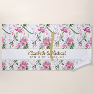 Gouden Monogram Roze Pioenrozen Groene Bladeren Jo Strandlaken