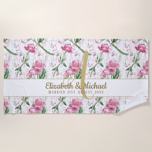 Gouden Monogram Roze Pioenrozen Groene Bladeren Jo Strandlaken (Voorkant)