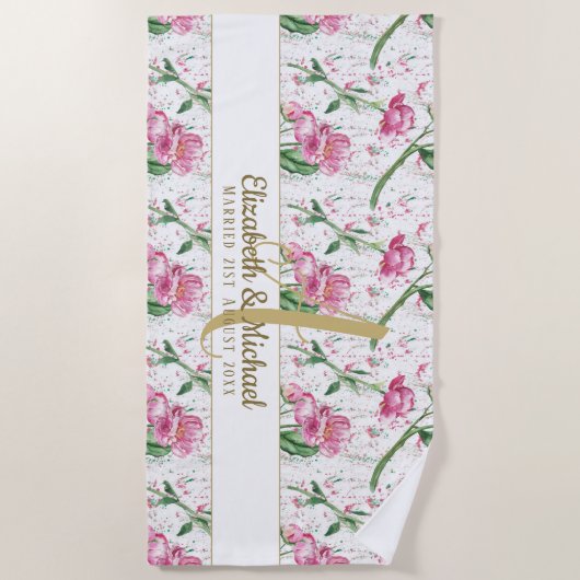 Gouden Monogram Roze Pioenrozen Groene Bladeren Jo Strandlaken (Voorkant)