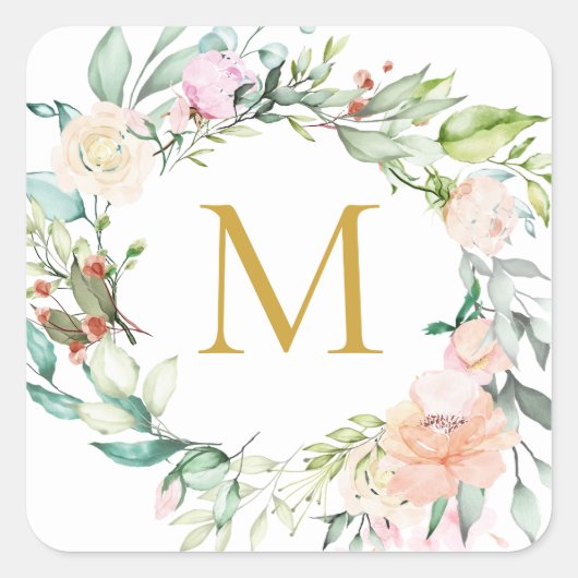 Gouden Monogram Rozen Krans Bloemig Vierkante Sticker (Voorkant)