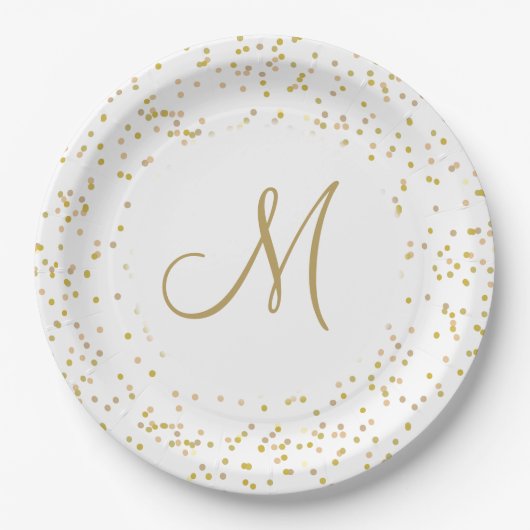 Gouden Monogram Schrift Goud Stof Confetti Papieren Bordje (Voorkant)