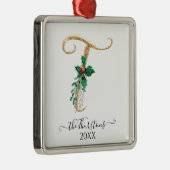 Gouden Monogram T Glitter Kerst Holly Foliage Metalen Ornament (Rechts)