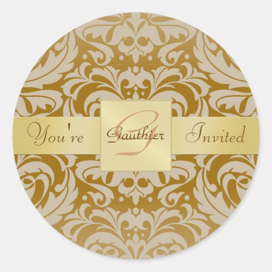 Gouden Monogram Tan Damask Uitnodiging Sticker (Voorkant)