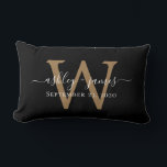 Gouden Monogram Trouwdatum Zwarte Lumbale Kussen<br><div class="desc">Elegante trouwherinneringskussen met uw namen in witte chic handgeschreven kalligrafie en uw stijlvolle gouden monogram op een zwarte achtergrond. Voeg eenvoudig uw namen, monogram en trouwdatum toe. Geweldig cadeau voor een pasgetrouwd stel. Exclusief ontworpen voor u door Happy Dolphin Studio. Als u hulp nodig heeft of bijpassende producten, neem dan...</div>