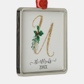 Gouden Monogram U Glitter Kerst Holly Foliage Metalen Ornament (Rechts)